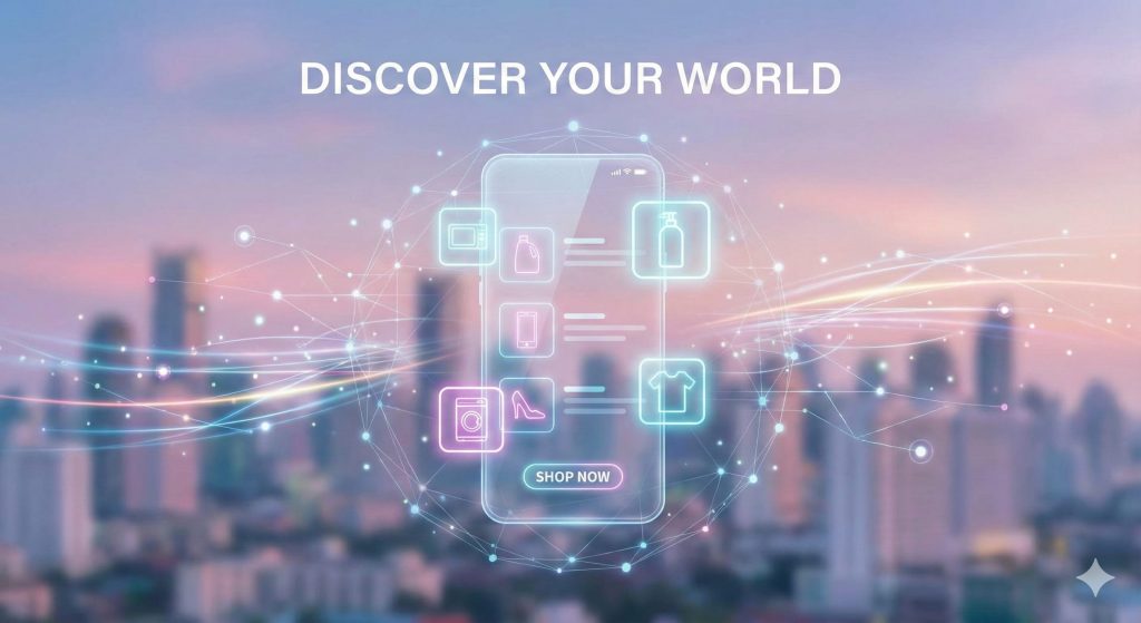 Glowing mobile interface with shopping icons against a city skyline, symbolizing the targeted campaigns of a digital marketing firm.