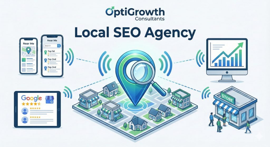 OptiGrowth Consultants Local SEO Agency infographic illustrating how local search results on smartphones and Google reviews connect to drive foot traffic to a physical store, backed by data analytics.